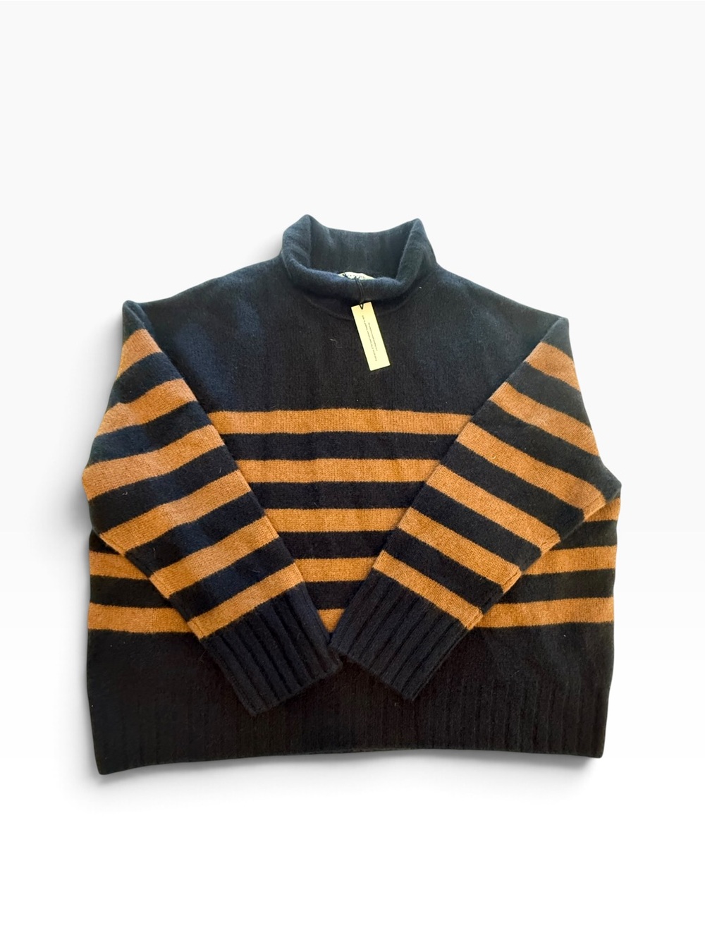 Banana Republic 100% Cashmere Black Tan Striped Turtleneck Sweater L NWT